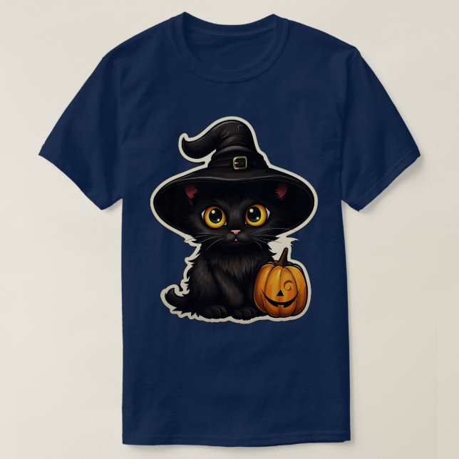 Black Cat In Witches Hat Black Cats Spooky Hallowe T-Shirt (Design Front)