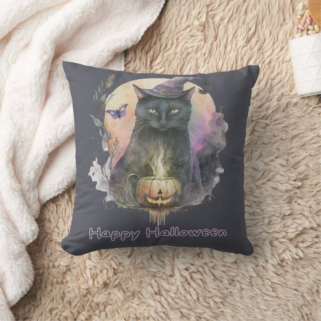 Black Cat in Witches Hat Grey Celestial Halloween Throw Pillow (Blanket)