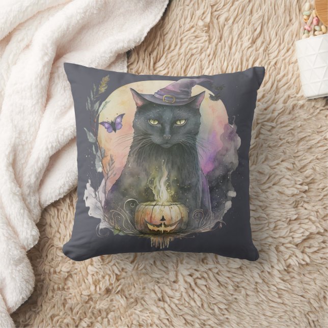 Black Cat in Witches Hat Grey Celestial Halloween Throw Pillow (Blanket)