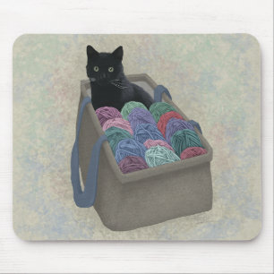 Black cat in yarn bag mouse pad