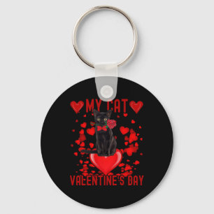 Black Cat Is My Valentine Red Hearts Valentines Da Keychain
