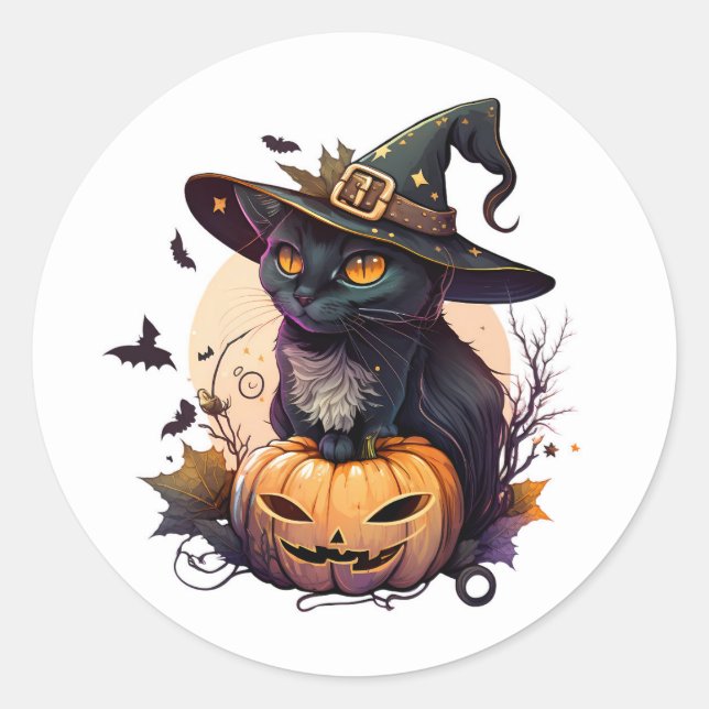 Black Cat Jack-O-Lantern and Bats  Classic Round Sticker (Front)