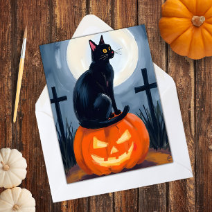 Black Cat Jack-O-Lantern Halloween Painted Holiday Card