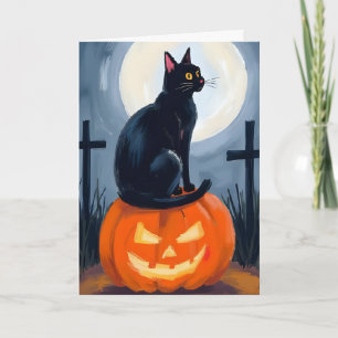 Black Cat Jack-O-Lantern Halloween Painted Holiday Card