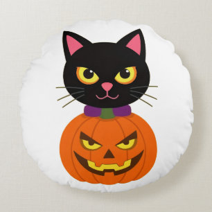 Black Cat & Jack-O'-Lantern Halloween Spooky Round Pillow