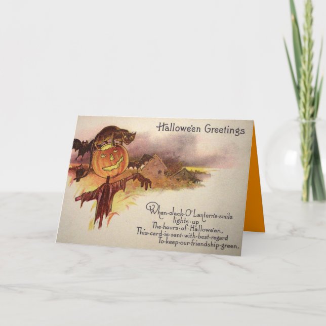 Black Cat Jack O' Lantern Pumpkin Bat Owl Card (Front)