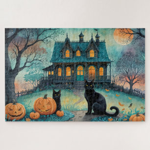 Black Cat, Jack O Lanterns, Spooky House Halloween Jigsaw Puzzle