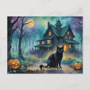 Black Cat, Jack O Lanterns, Spooky House Halloween Postcard