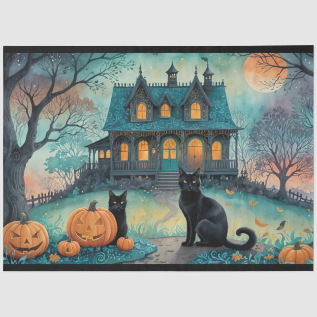Black Cat, Jack O Lanterns, Spooky House Halloween Tissue Paper (Front)