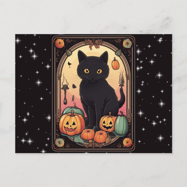 Black Cat Jack-O' Lanterns Tarot Halloween Holiday Postcard (Front)