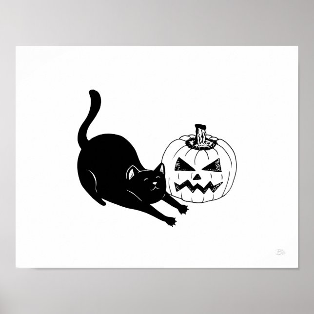 Black Cat & Jackolantern Halloween Art Print (Front)