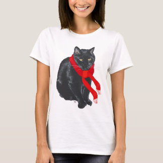 Black Cat Keeping Warm at Christmas T-Shirt