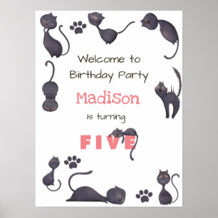 Black cat kids birthday welcome poster