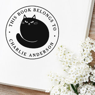 Black cat kitten bookplate library book rubber stamp