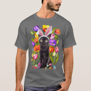 Black Cat Kitten Bunny Egg Tulip Easter Day T-Shirt