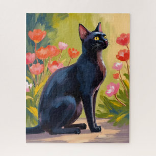 Black Cat   Kitten Pet Watercolor Flowers Painted Jigsaw Puzzle