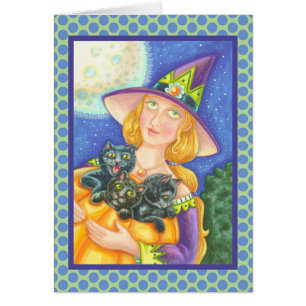 BLACK CAT KITTENS & WITCH GREETING CARD Verse