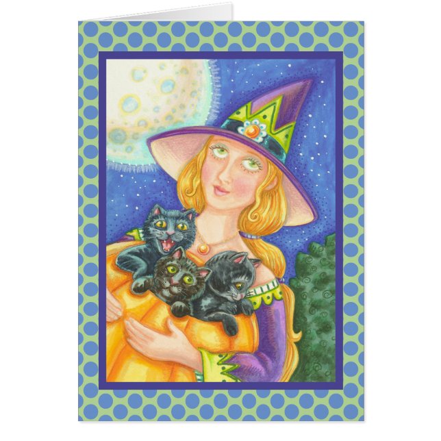 BLACK CAT KITTENS & WITCH GREETING CARD Verse (Front)