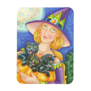 BLACK CAT KITTENS & WITCH, HALLOWEEN MAGNET