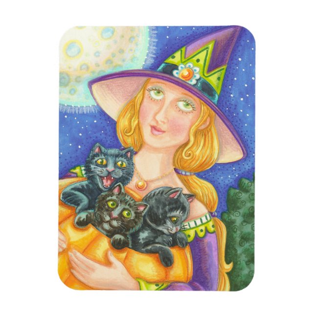 BLACK CAT KITTENS & WITCH, HALLOWEEN MAGNET (Vertical)