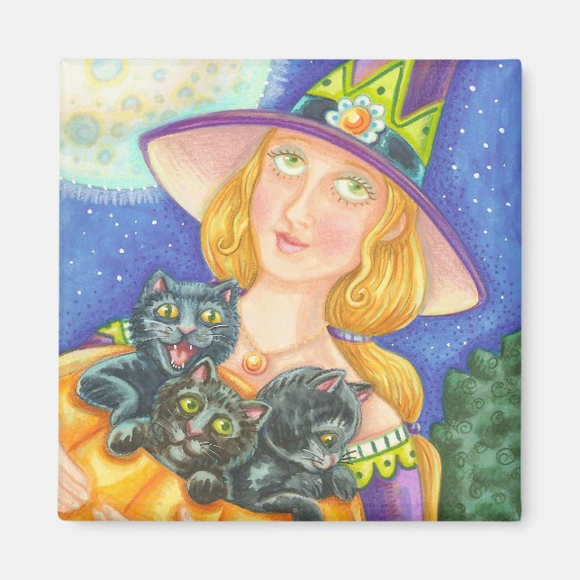 BLACK CAT KITTENS & WITCH HALLOWEEN MAGNET Square (Front)