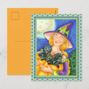 BLACK CAT KITTENS & WITCH HAPPY HALLOWEEN HOLIDAY POSTCARD