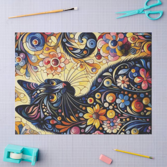 Black Cat Kitty Floral Whimsical Yellow Decoupage Tissue Paper (Craft)