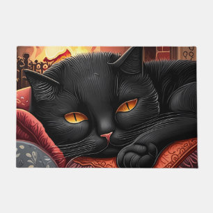 Black cat laying in front of a fireplace doormat