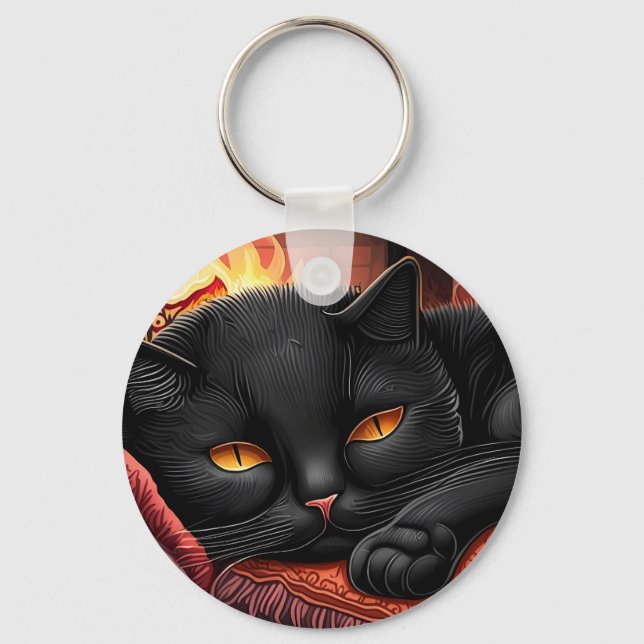 Black cat laying in front of a fireplace keychain (Front)