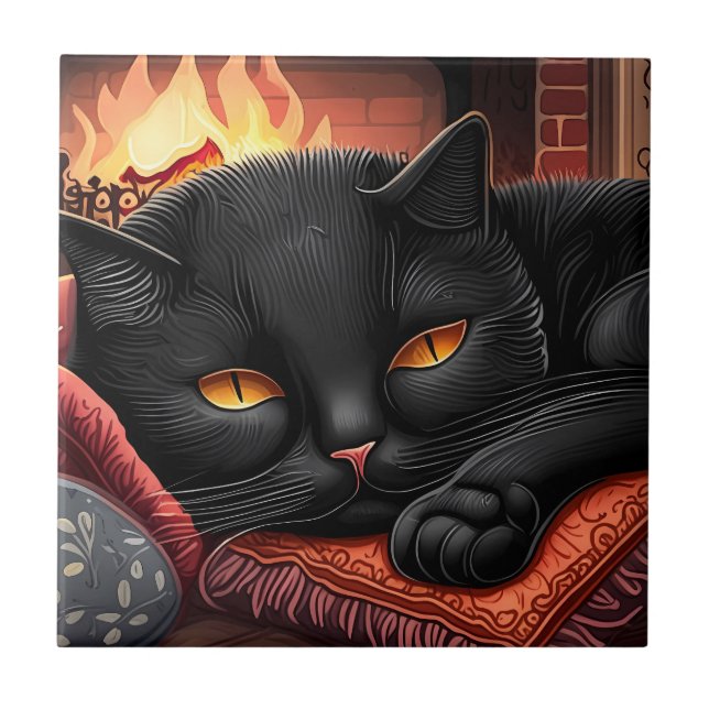 Black cat laying in front of a fireplace tile (Front)