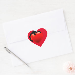 Black Cat Laying on Red Heart Envelope Heart Sticker