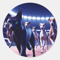 Black Cat Leading Pack Of Dogs At Dog Track