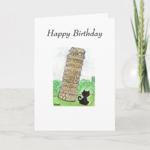 BLACK CAT LEANING TOWER OF PISA BIRTHDAY CARD