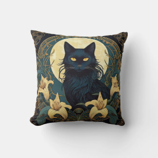 Black Cat Lillies Throw Pillow