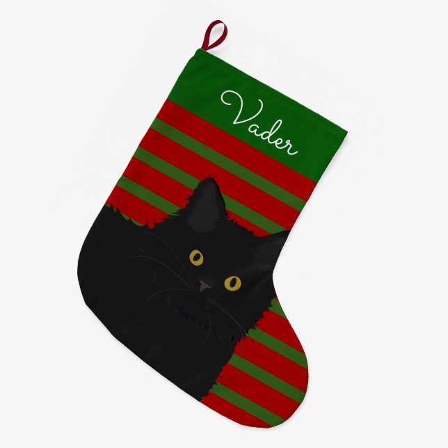 Black Cat Long Hair Personalized Large Christmas Stocking (Front (Hanging))