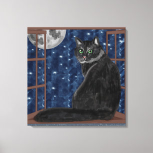 Black Cat Looking at the Moon and Stars  Canvas Print
