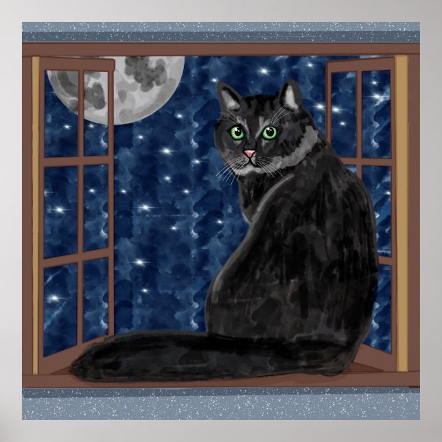 Black Cat Looking at the Moon and Stars Poster (Front)