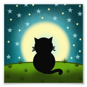 Black Cat Looking At The Moon Photo Print