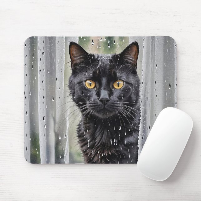 Black Cat Looking Out of Wet Window Mouse Pad (With Mouse)