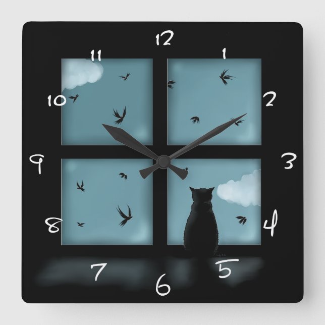 Black Cat Looking Out Window At Heaven Square Wall Clock (Front)