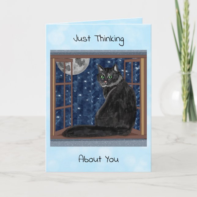 Black Cat Looking out Window at Stars and Moon  Card (Front)