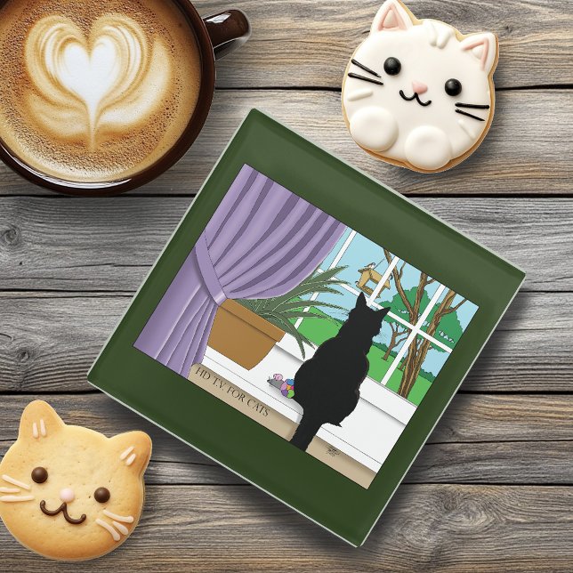 Black Cat Looking Out Window Glass Coaster (Creator Uploaded)