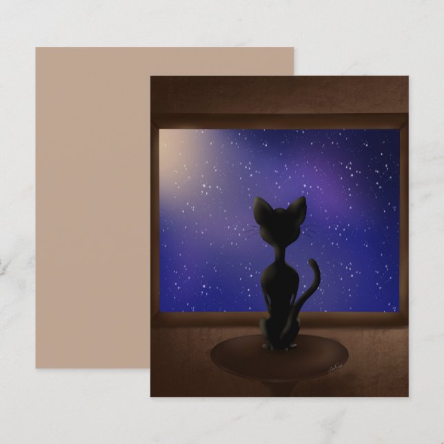 Black Cat looking out window night sky stars (Front/Back)