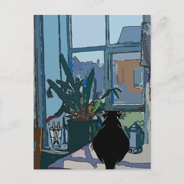 Black Cat looking out window,  Postcard (Front)