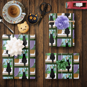 Black Cat Looking Out Window Wrapping Paper Sheet