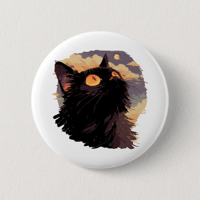 Black cat looking up with mystical night 2 inch round button (Front)