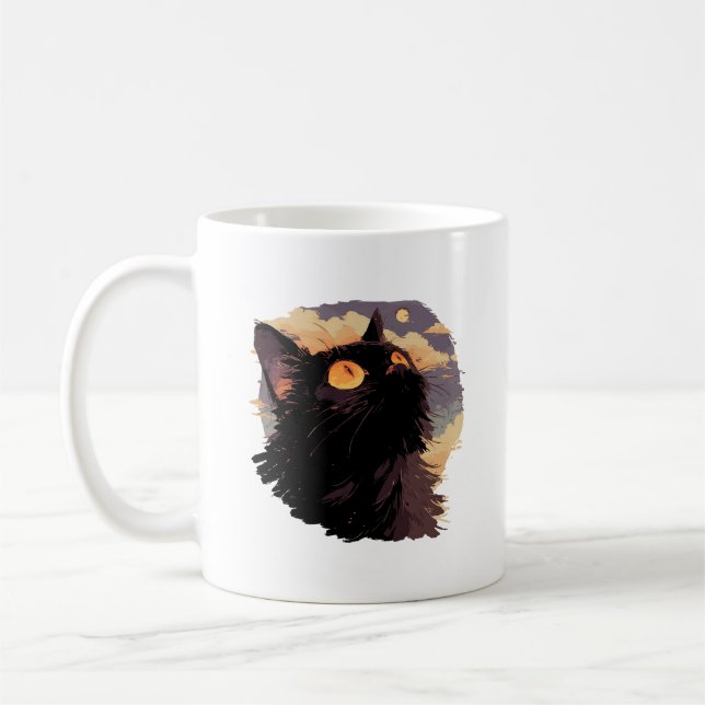 Black cat looking up with mystical night coffee mug (Left)