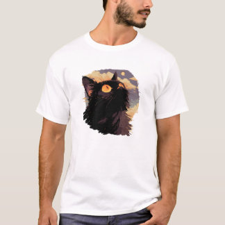 Black cat looking up with mystical night T-Shirt