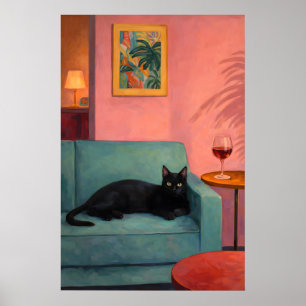 Black Cat Lounge Poster, Cozy Retro Living Room Poster