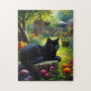 Black Cat Lounging in the Spring Garden Painting Jigsaw Puzzle